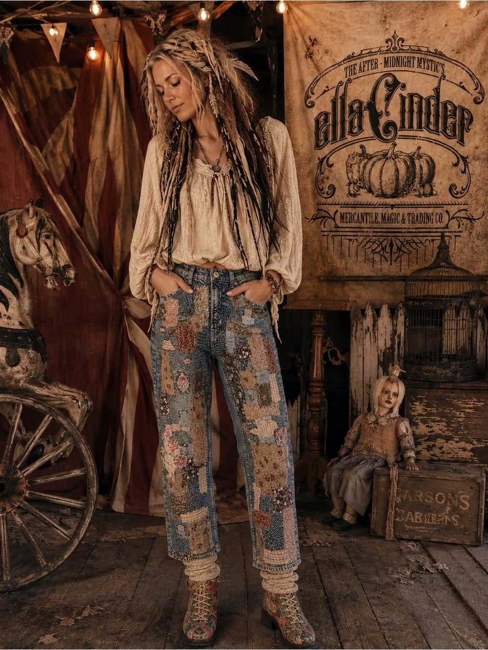 NEW “ellaCinder” brand Busker Patchwork Blue Jeans shabby gypsy